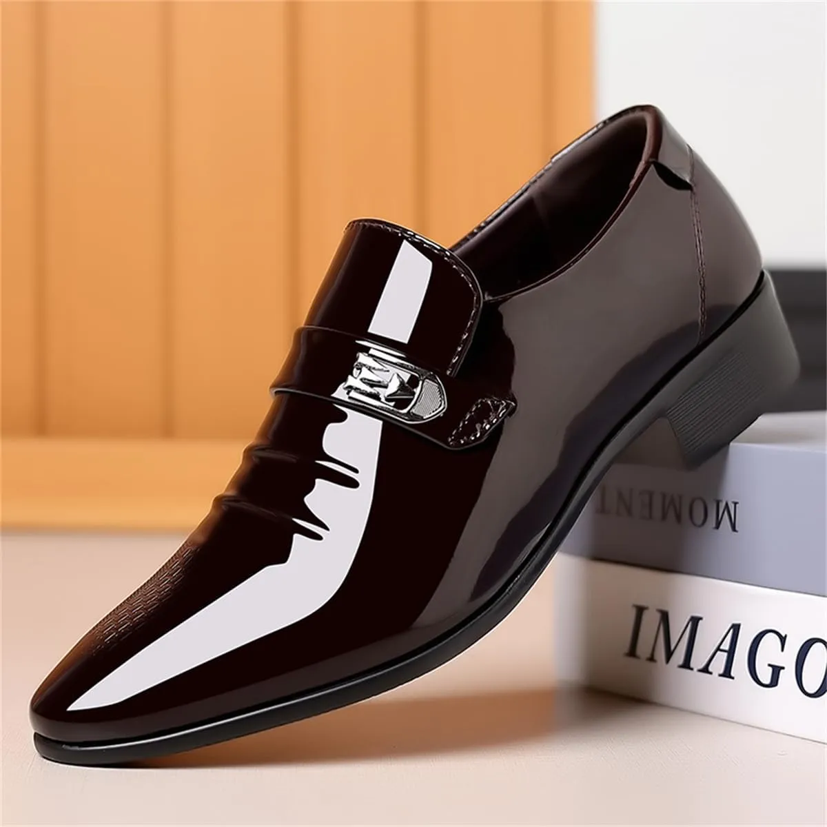 Men's Retro Patent Leather Slip On Dress Shoes Formal Business Oxford Pointed Toe Loafers for Men