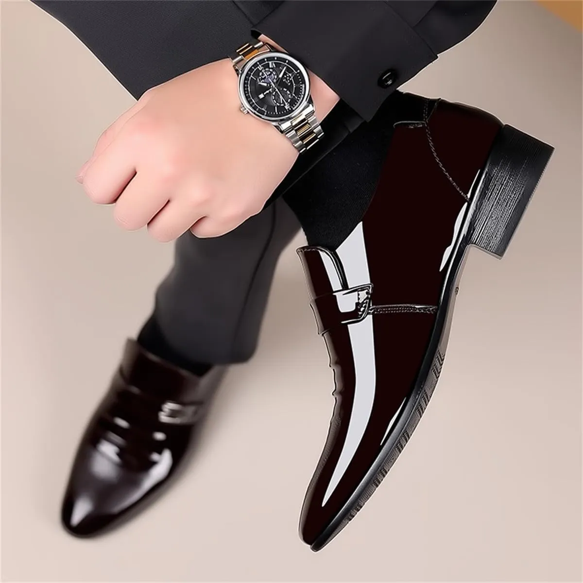 Men's Retro Patent Leather Slip On Dress Shoes Formal Business Oxford Pointed Toe Loafers for Men