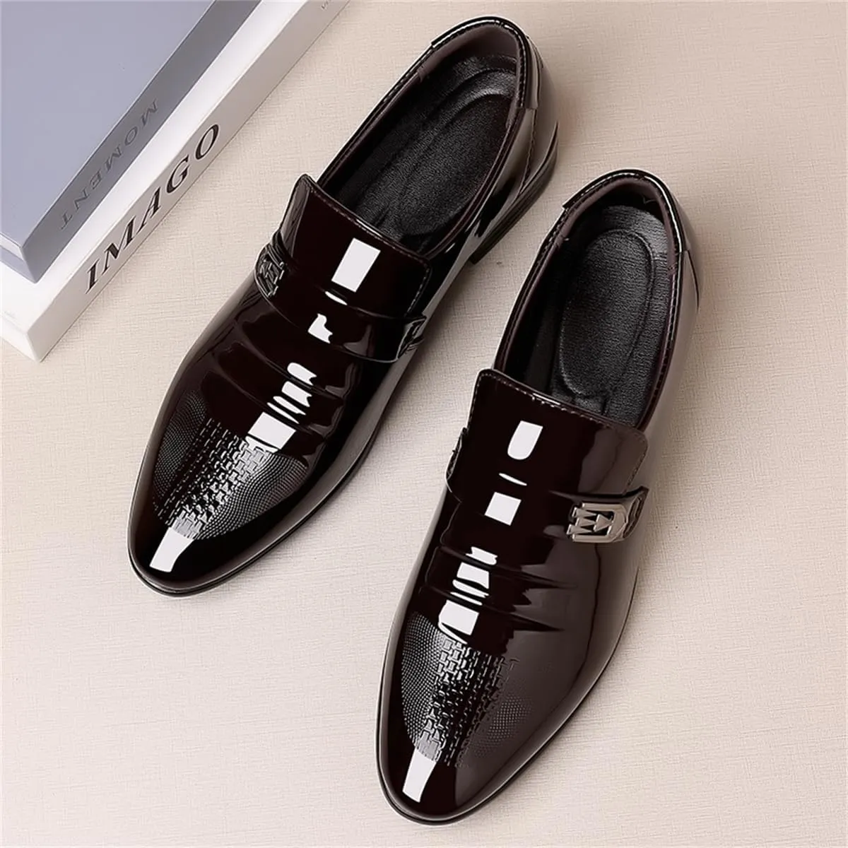 Men's Retro Patent Leather Slip On Dress Shoes Formal Business Oxford Pointed Toe Loafers for Men