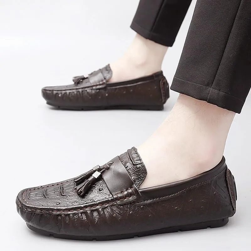 Men's Round Toe Loafers with Crocodile Print -Tassel Driving Shoes, Comfortable Flexible Anti-Slip Casual Slip-Ons for Weddings