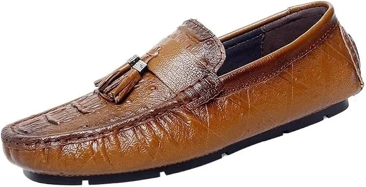 Men's Round Toe Loafers with Crocodile Print -Tassel Driving Shoes, Comfortable Flexible Anti-Slip Casual Slip-Ons for Weddings