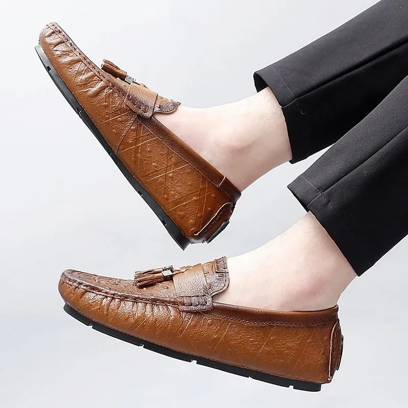 Men's Round Toe Loafers with Crocodile Print -Tassel Driving Shoes, Comfortable Flexible Anti-Slip Casual Slip-Ons for Weddings