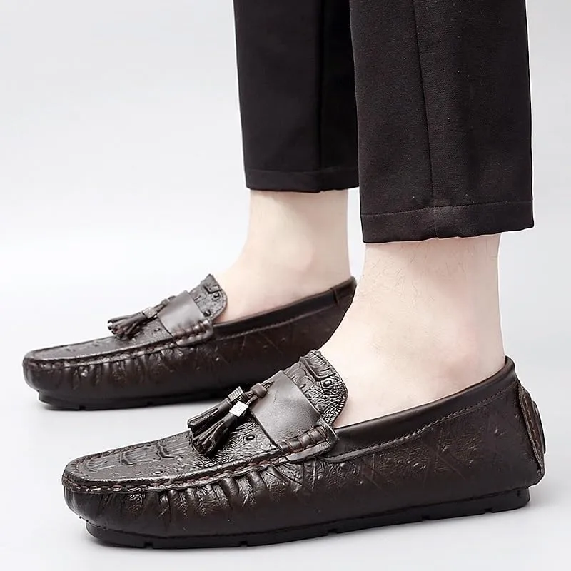 Men's Round Toe Loafers with Crocodile Print -Tassel Driving Shoes, Comfortable Flexible Anti-Slip Casual Slip-Ons for Weddings