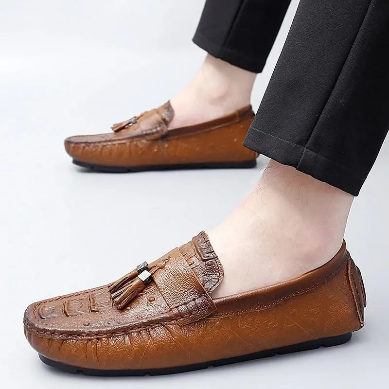 Men's Round Toe Loafers with Crocodile Print -Tassel Driving Shoes, Comfortable Flexible Anti-Slip Casual Slip-Ons for Weddings