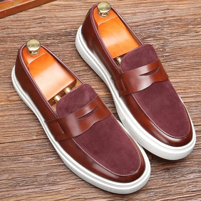 Men's Round Toe Suede Leather Penny Loafers with Chunky Platform and Low Block Heel, Ideal for Office, Business, and Daily Casual Wear