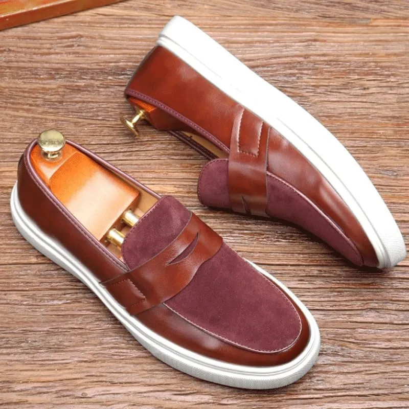 Men's Round Toe Suede Leather Penny Loafers with Chunky Platform and Low Block Heel, Ideal for Office, Business, and Daily Casual Wear