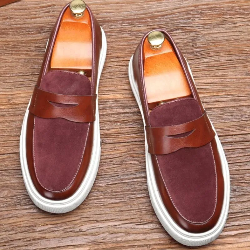 Men's Round Toe Suede Leather Penny Loafers with Chunky Platform and Low Block Heel, Ideal for Office, Business, and Daily Casual Wear