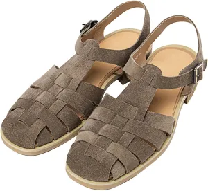 Mens Sandals Black Dress Slippers Handwoven Cowhide Leather Casual Shoes for Men Summer Beach Closed Toe Sandals Stylish Comfortable Non-Slip Shoes