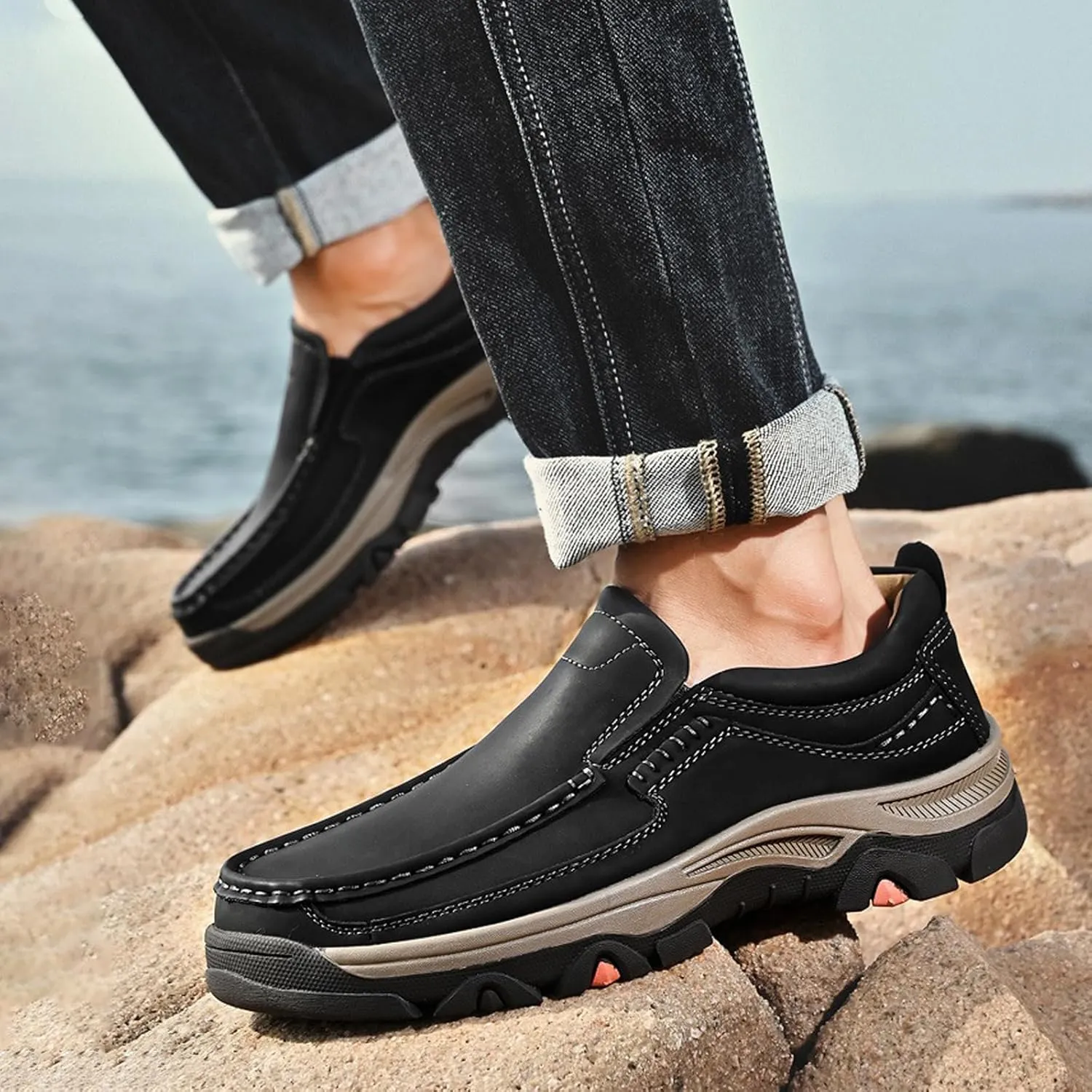 Men's Slip On Leather Shoes, Walking Loafers Lightweight Casual Sneakers, Outdoor Comfortable Hiking Shoes, for Travel, Camping, Running
