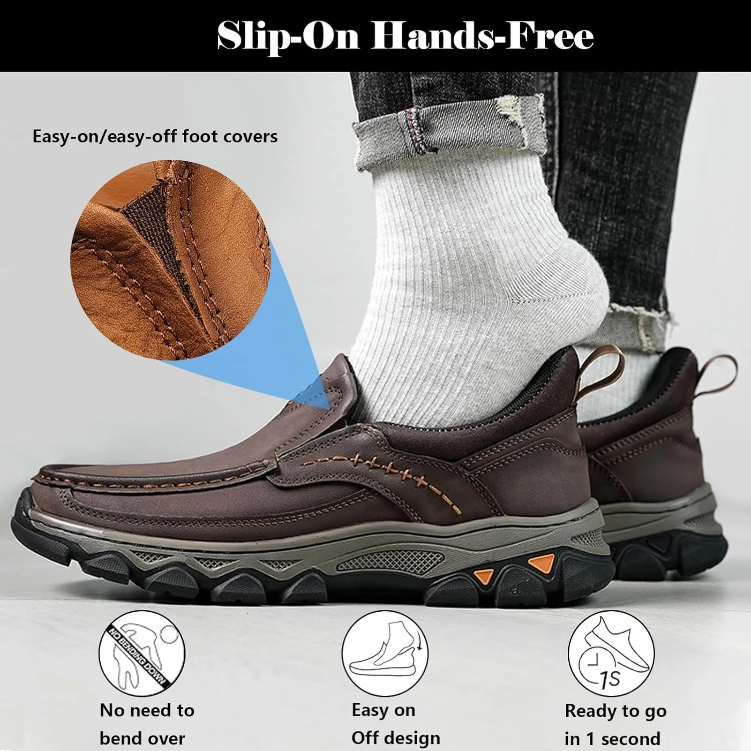 Men's Slip On Leather Shoes, Walking Loafers Lightweight Casual Sneakers, Outdoor Comfortable Hiking Shoes, for Travel, Camping, Running