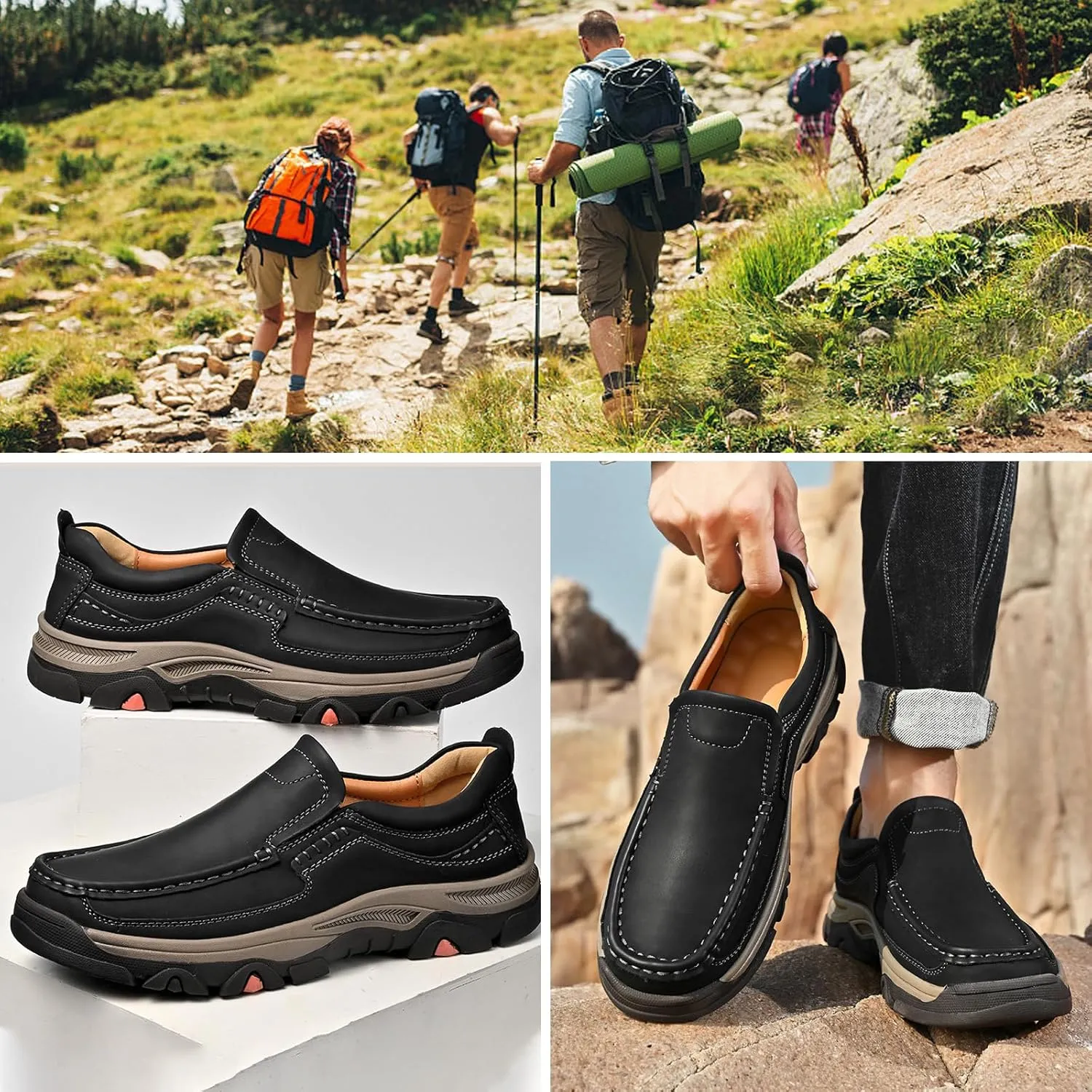 Men's Slip On Leather Shoes, Walking Loafers Lightweight Casual Sneakers, Outdoor Comfortable Hiking Shoes, for Travel, Camping, Running