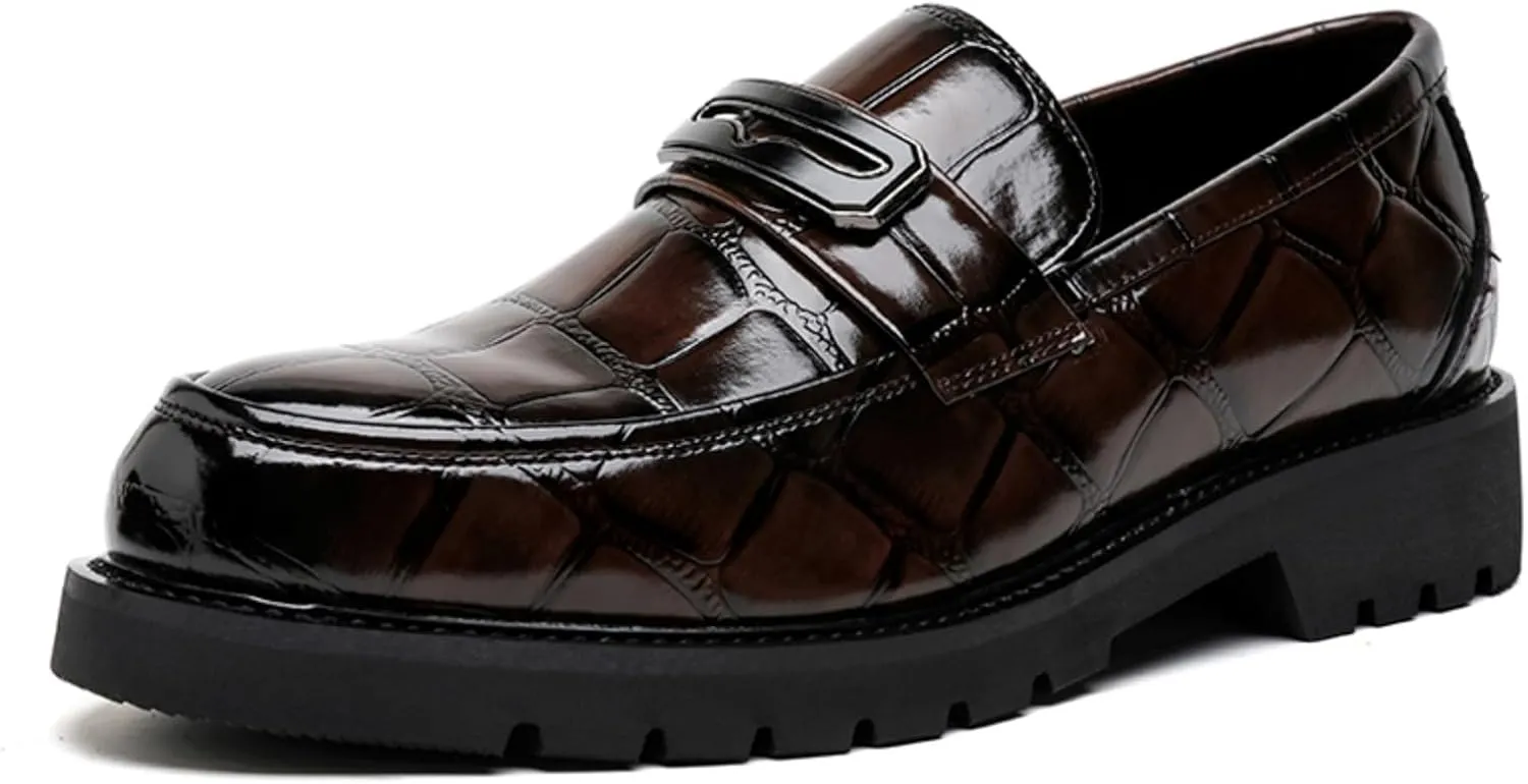 Mens Stone Grain Leather Slip On Dress Penny Loafers Low Top Non-Slip Round Toe Shoes for Formal Business Wedding Office