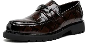 Mens Stone Grain Leather Slip On Dress Penny Loafers Low Top Non-Slip Round Toe Shoes for Formal Business Wedding Office