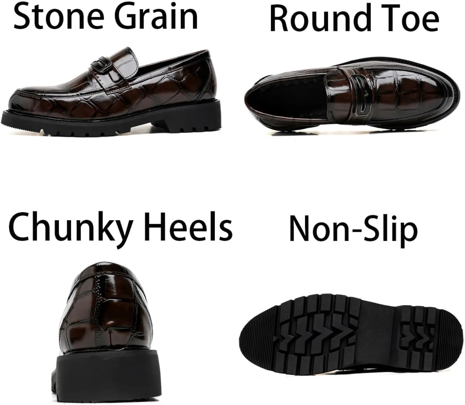 Mens Stone Grain Leather Slip On Dress Penny Loafers Low Top Non-Slip Round Toe Shoes for Formal Business Wedding Office