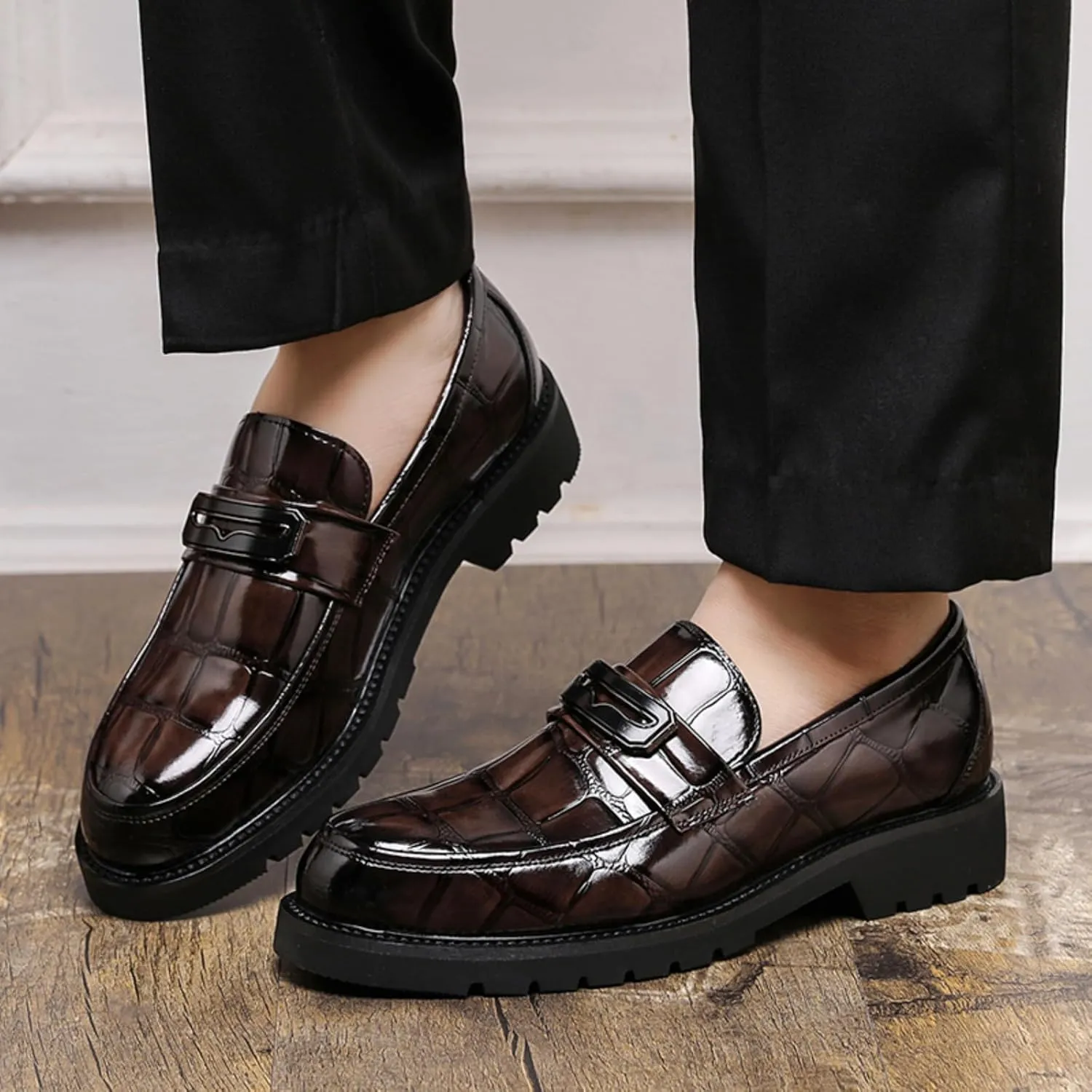 Mens Stone Grain Leather Slip On Dress Penny Loafers Low Top Non-Slip Round Toe Shoes for Formal Business Wedding Office