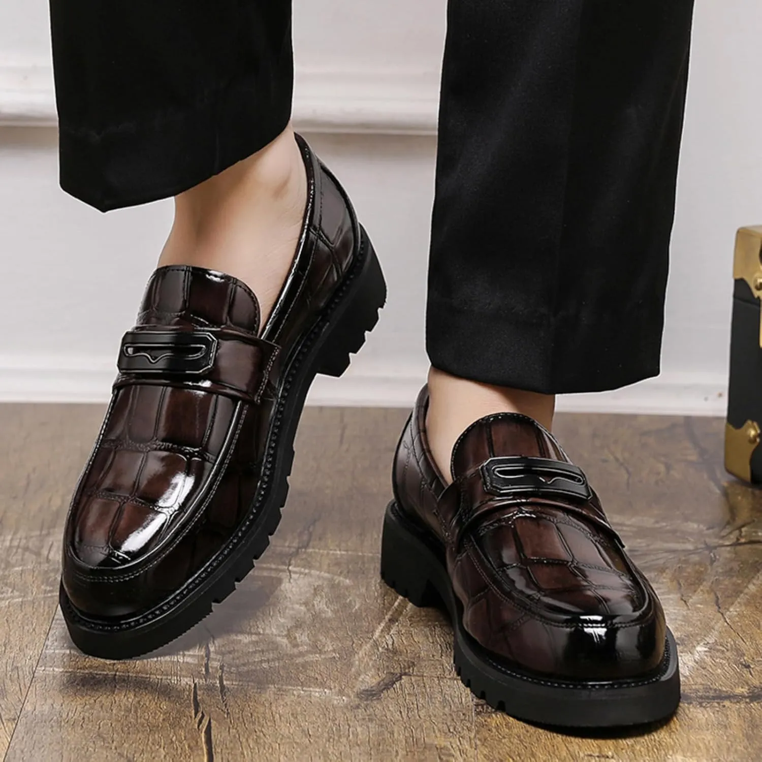 Mens Stone Grain Leather Slip On Dress Penny Loafers Low Top Non-Slip Round Toe Shoes for Formal Business Wedding Office