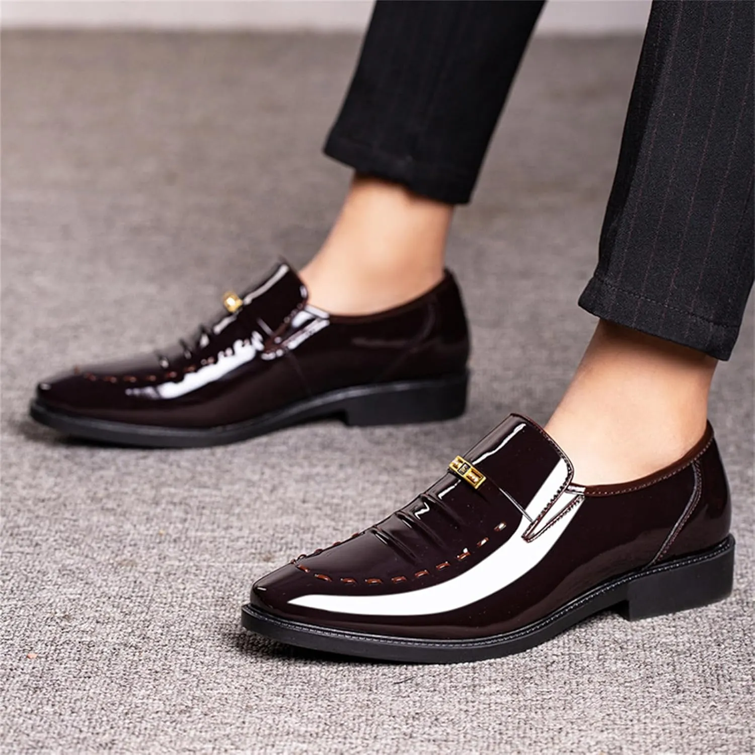 Men's Vintage High Gloss Slip On Dress Loafer Shoes Formal Business Pointed Toe Patent Leather Loafers