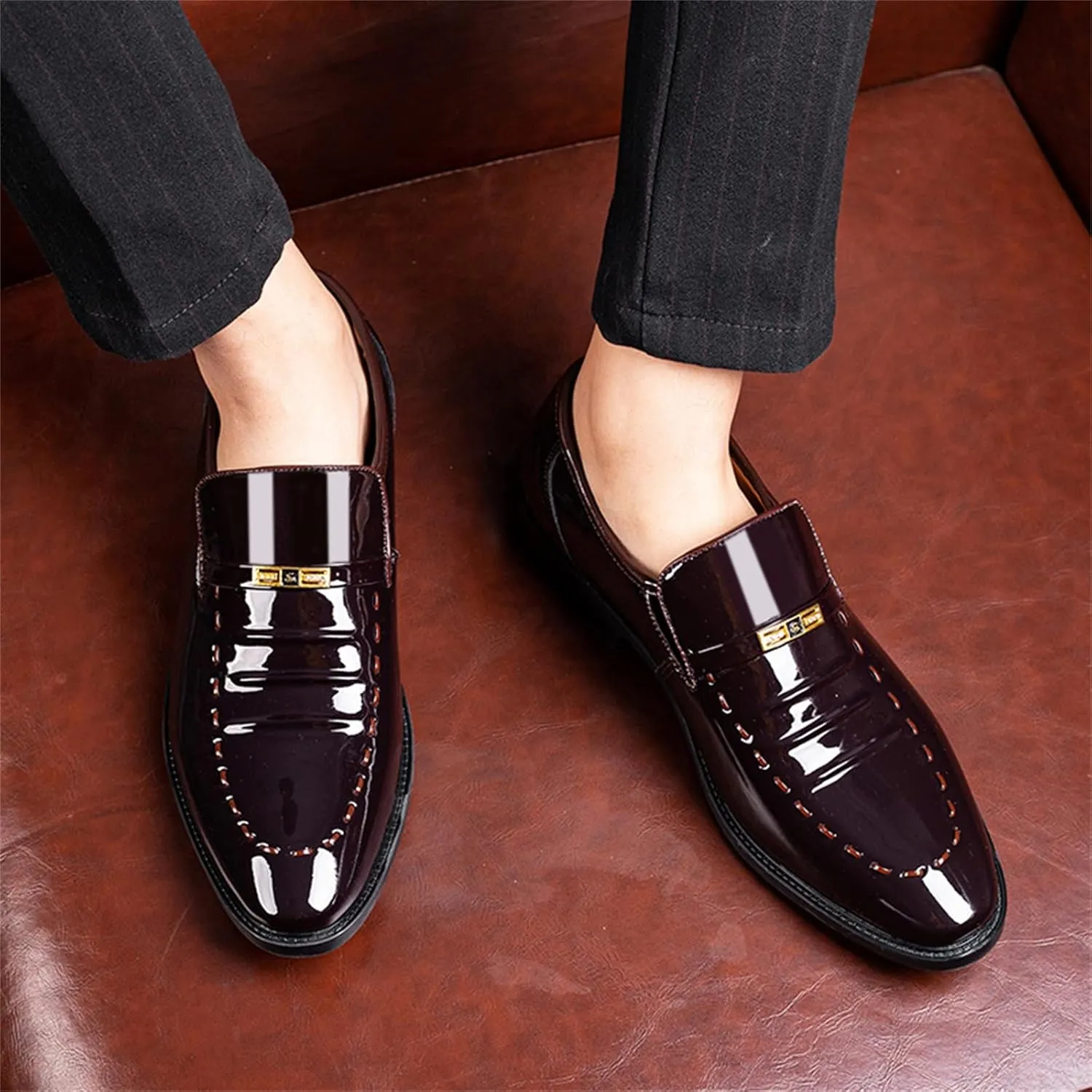 Men's Vintage High Gloss Slip On Dress Loafer Shoes Formal Business Pointed Toe Patent Leather Loafers