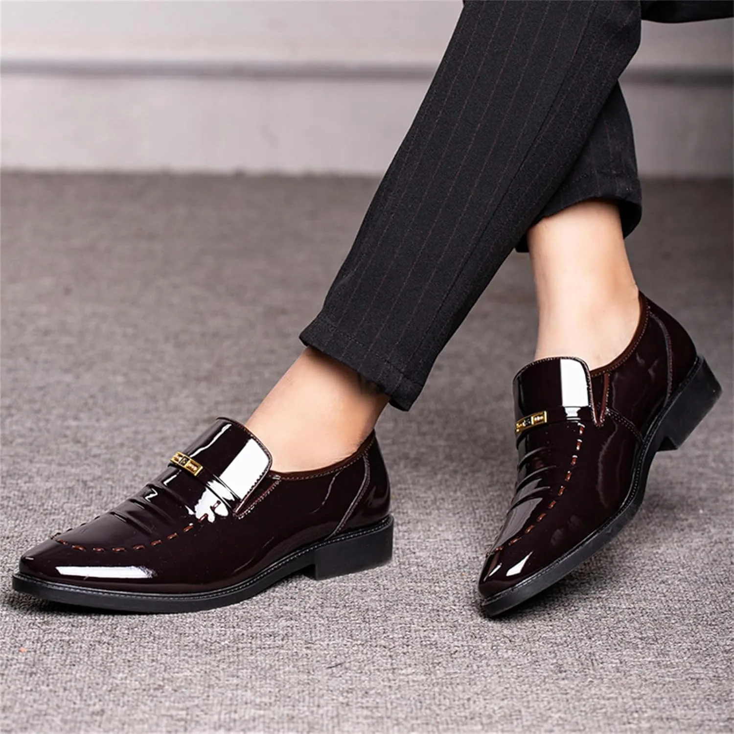 Men's Vintage High Gloss Slip On Dress Loafer Shoes Formal Business Pointed Toe Patent Leather Loafers