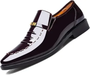 Men's Vintage High Gloss Slip On Dress Loafer Shoes Formal Business Pointed Toe Patent Leather Loafers