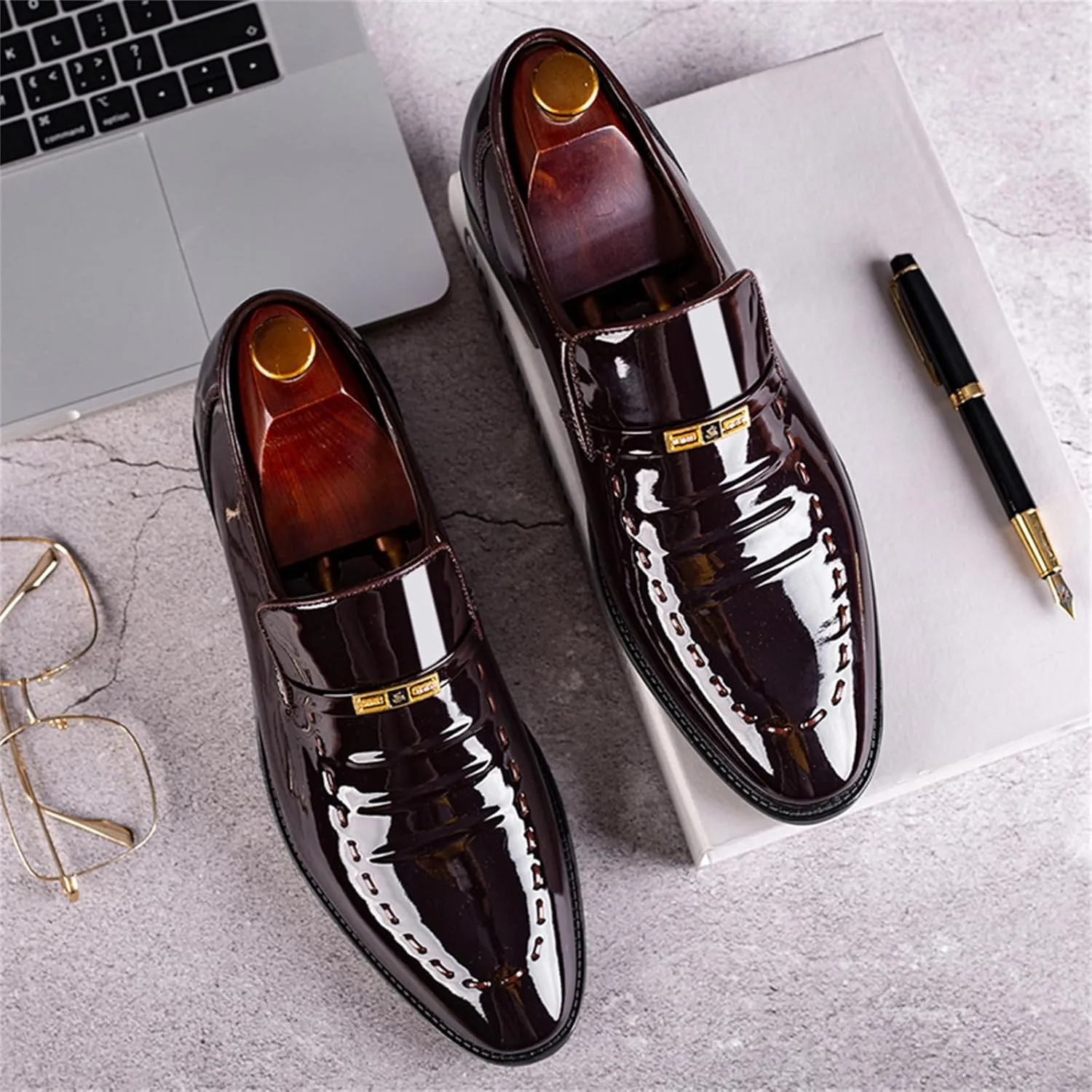 Men's Vintage High Gloss Slip On Dress Loafer Shoes Formal Business Pointed Toe Patent Leather Loafers