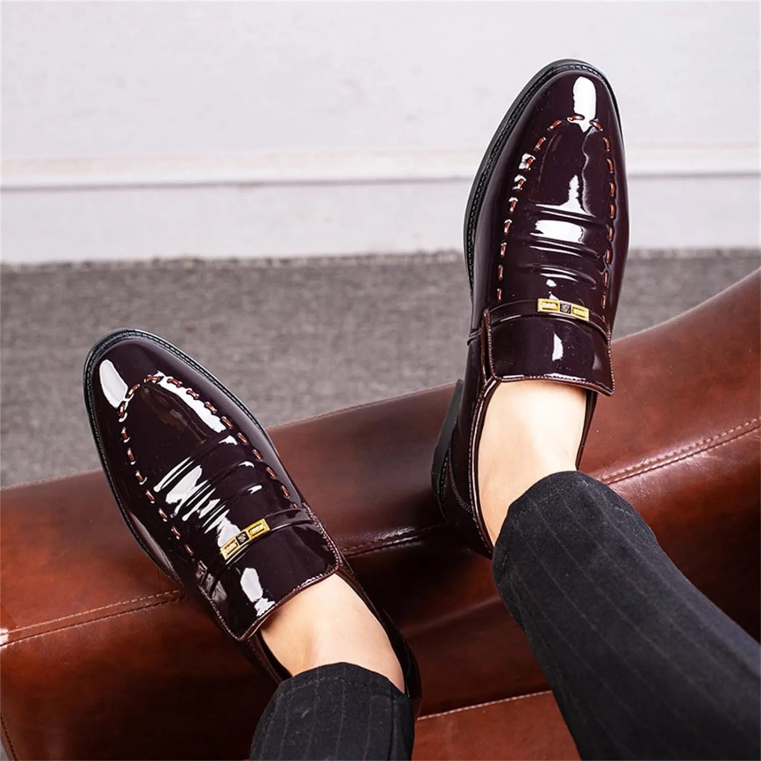 Men's Vintage High Gloss Slip On Dress Loafer Shoes Formal Business Pointed Toe Patent Leather Loafers