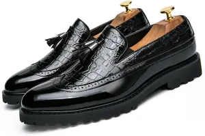 Men's Vintage Leather Wingtip Tassel Brogue Slip-On Dress Loafers Fashion Low-Top Breathable Smoking Formal Shoes Comfort Non-Slip Business Wedding Party Shoes