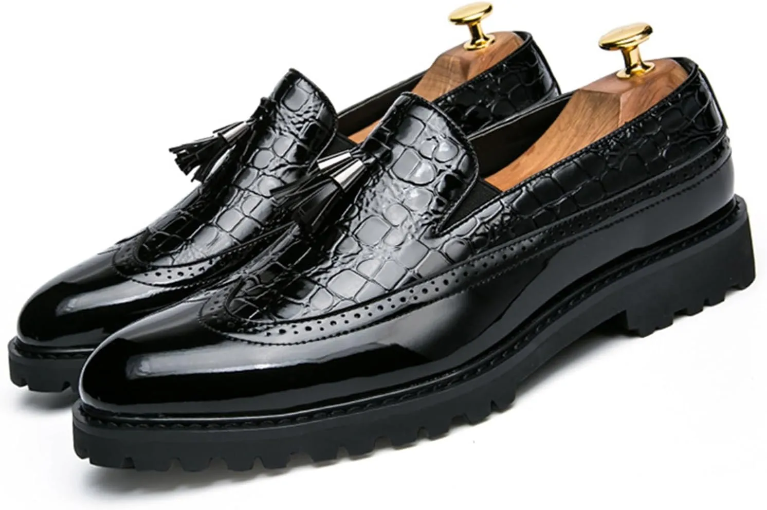 Men's Vintage Leather Wingtip Tassel Brogue Slip-On Dress Loafers Fashion Low-Top Breathable Smoking Formal Shoes Comfort Non-Slip Business Wedding Party Shoes