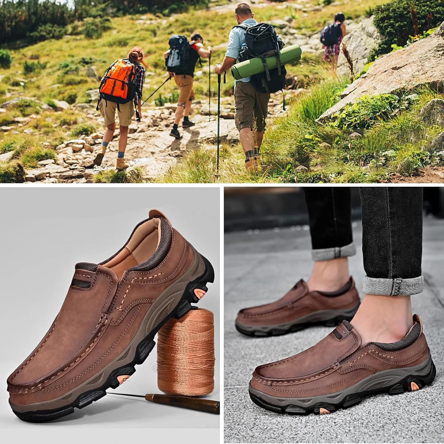 Men's Waterproof Hiking Shoes, Men Slip On Non Slip Work Loafers, Outdoor Lightweight Breathable Sneakers, for Travel, Camping, Running