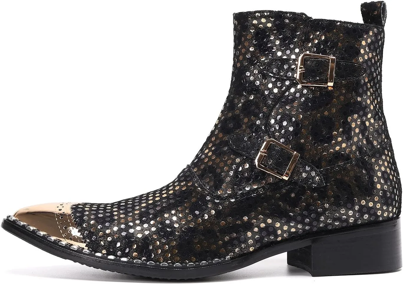 Mens Western Boots Dress Casual Party Disco Chelsea Boots Metal Wingtip Toe Genuine Leather Buckle Mid Top Boots Ballroom Rock Singer Prom Wedding Cowboy Boots