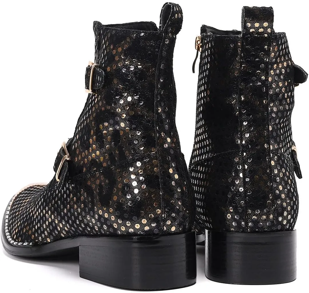 Mens Western Boots Dress Casual Party Disco Chelsea Boots Metal Wingtip Toe Genuine Leather Buckle Mid Top Boots Ballroom Rock Singer Prom Wedding Cowboy Boots