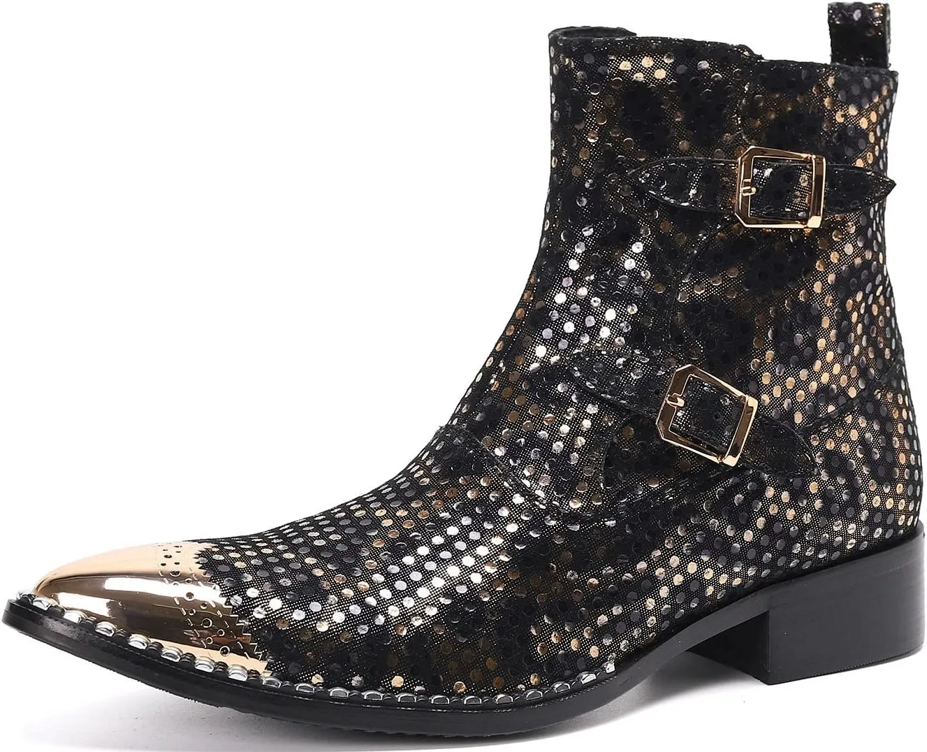 Mens Western Boots Dress Casual Party Disco Chelsea Boots Metal Wingtip Toe Genuine Leather Buckle Mid Top Boots Ballroom Rock Singer Prom Wedding Cowboy Boots