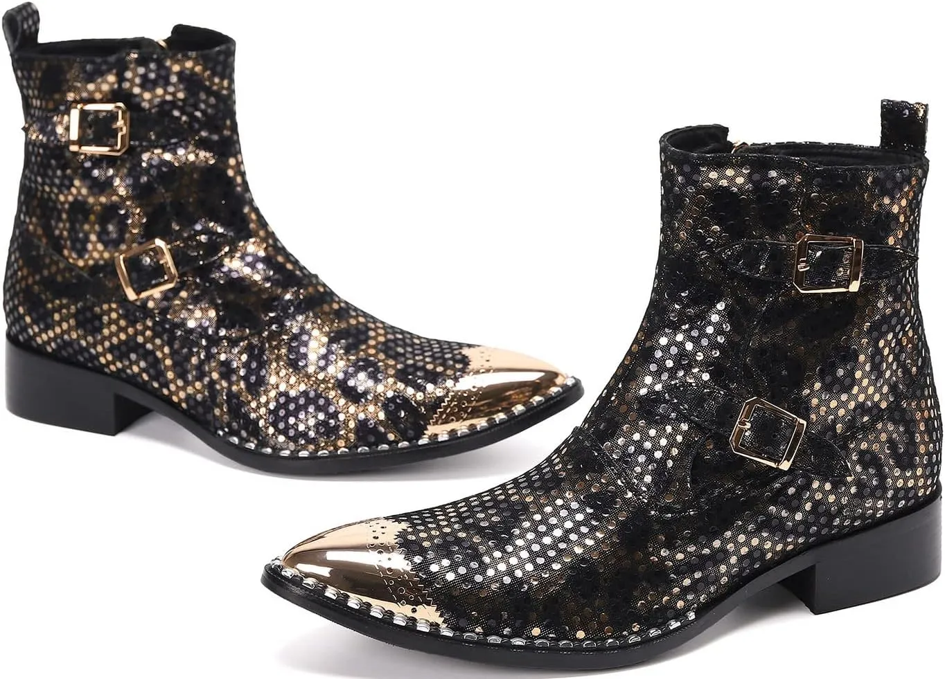 Mens Western Boots Dress Casual Party Disco Chelsea Boots Metal Wingtip Toe Genuine Leather Buckle Mid Top Boots Ballroom Rock Singer Prom Wedding Cowboy Boots