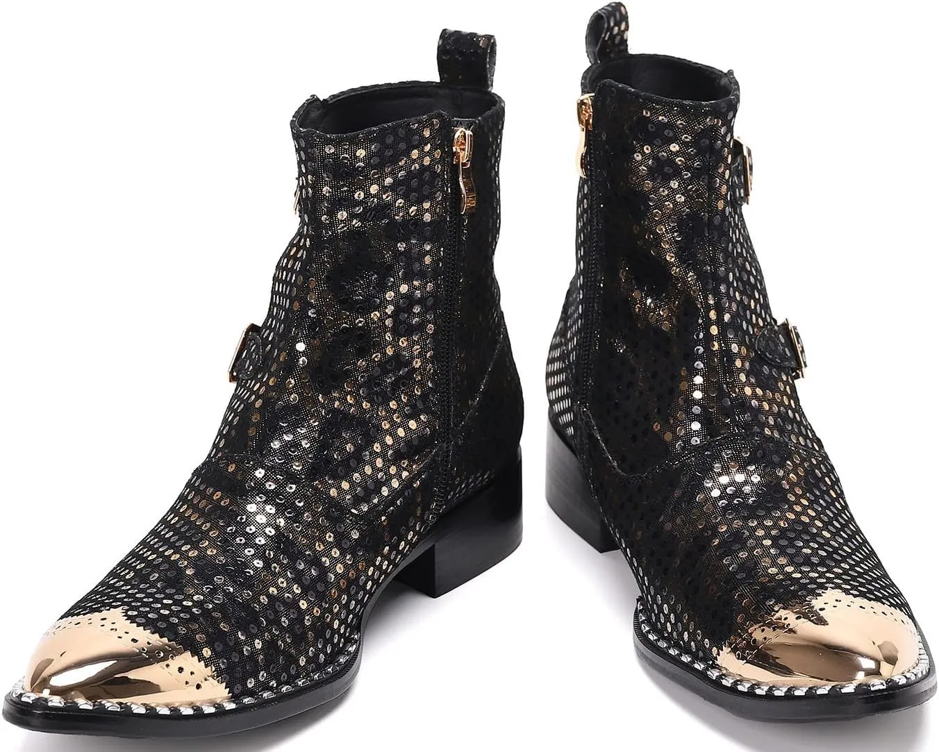Mens Western Boots Dress Casual Party Disco Chelsea Boots Metal Wingtip Toe Genuine Leather Buckle Mid Top Boots Ballroom Rock Singer Prom Wedding Cowboy Boots