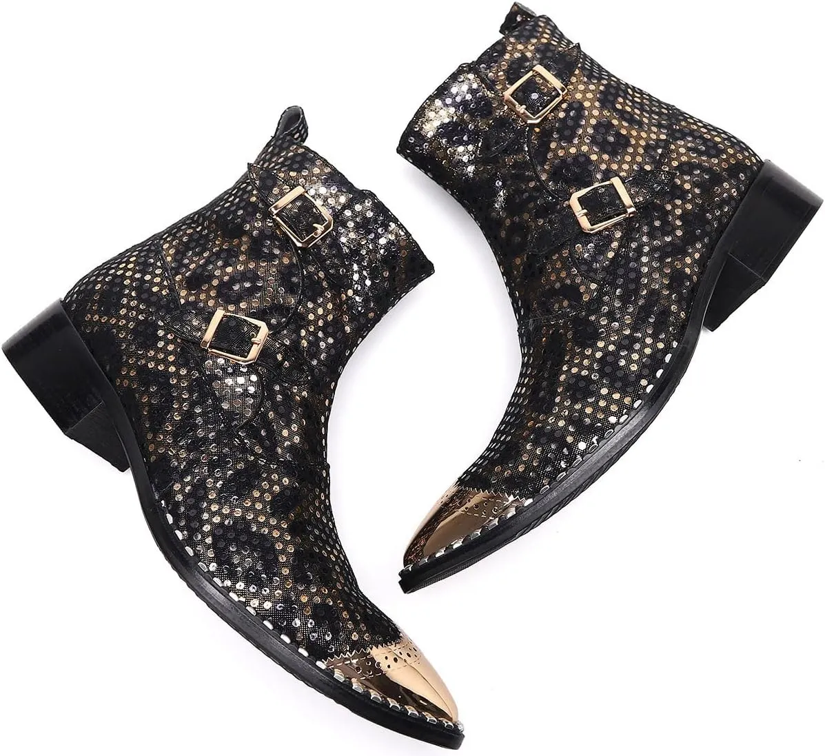 Mens Western Boots Dress Casual Party Disco Chelsea Boots Metal Wingtip Toe Genuine Leather Buckle Mid Top Boots Ballroom Rock Singer Prom Wedding Cowboy Boots