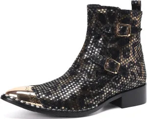 Mens Western Boots Dress Casual Party Disco Chelsea Boots Metal Wingtip Toe Genuine Leather Buckle Mid Top Boots Ballroom Rock Singer Prom Wedding Cowboy Boots
