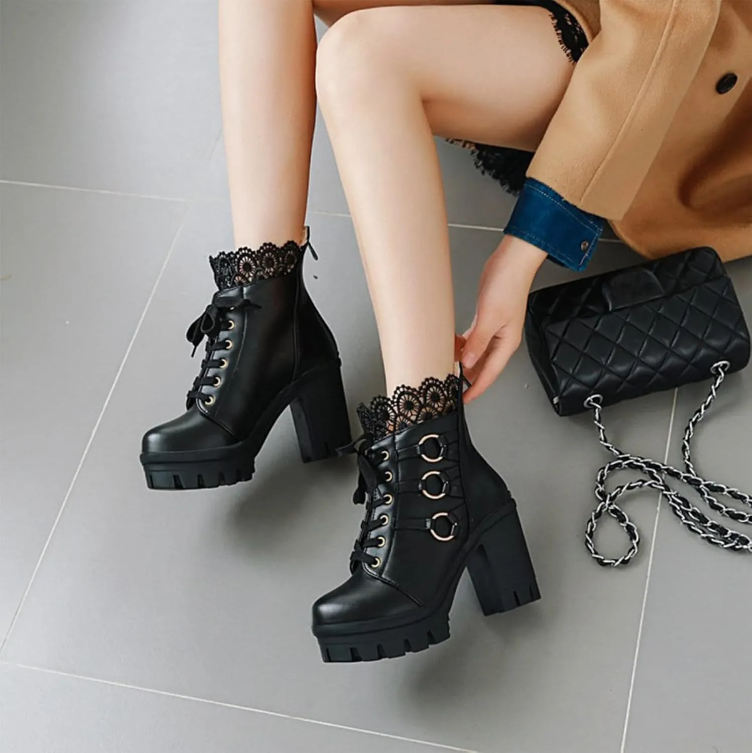 MEOTINA Goth Chunky Platform Boots for Women High Heel Black Ankle Booties Rivets Punk Combat Boot Shoes