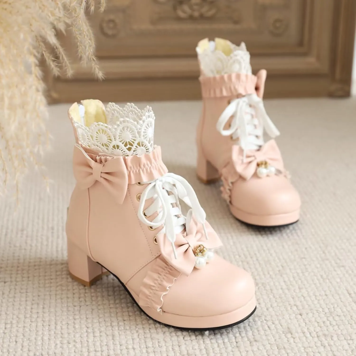 MEOTINA Goth Platform Boots Chunky High Heels Ankle Boots Lace Buckle Gothic Cosplay Booties Zipper Punk Shoes