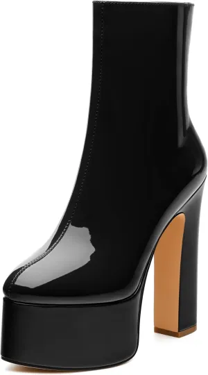 MERRORI Platform Ankle Boots for Women Gogo Boots with Round Toe High Chunky Block Heels Side Zipper Patent Fashion Short Booties