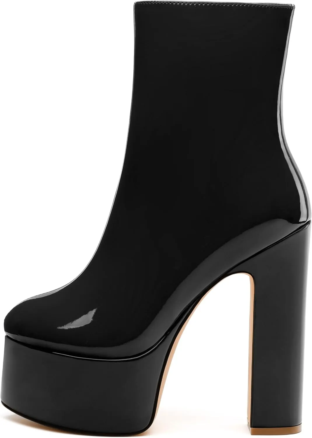 MERRORI Platform Ankle Boots for Women Gogo Boots with Round Toe High Chunky Block Heels Side Zipper Patent Fashion Short Booties