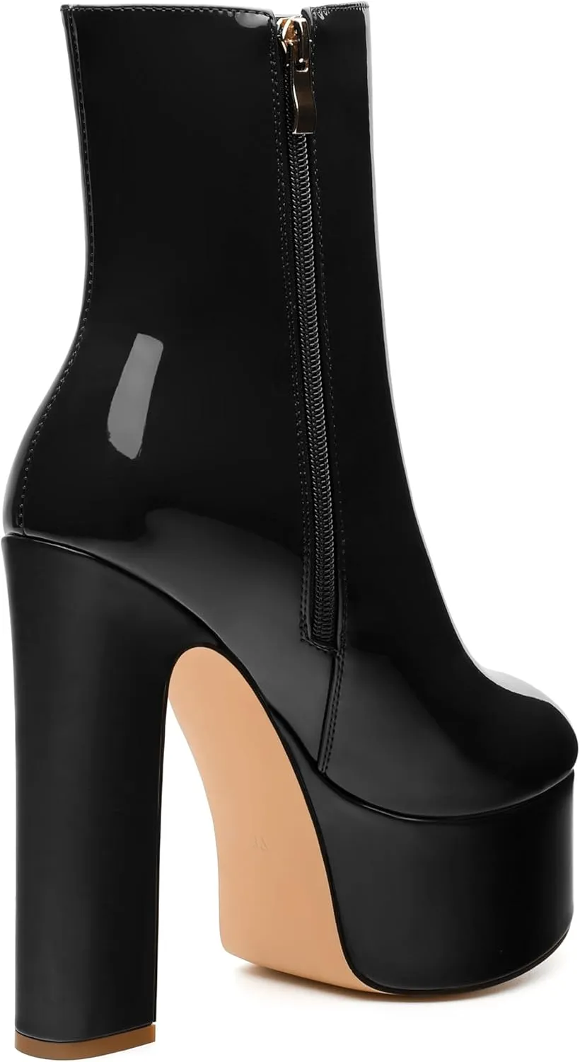 MERRORI Platform Ankle Boots for Women Gogo Boots with Round Toe High Chunky Block Heels Side Zipper Patent Fashion Short Booties