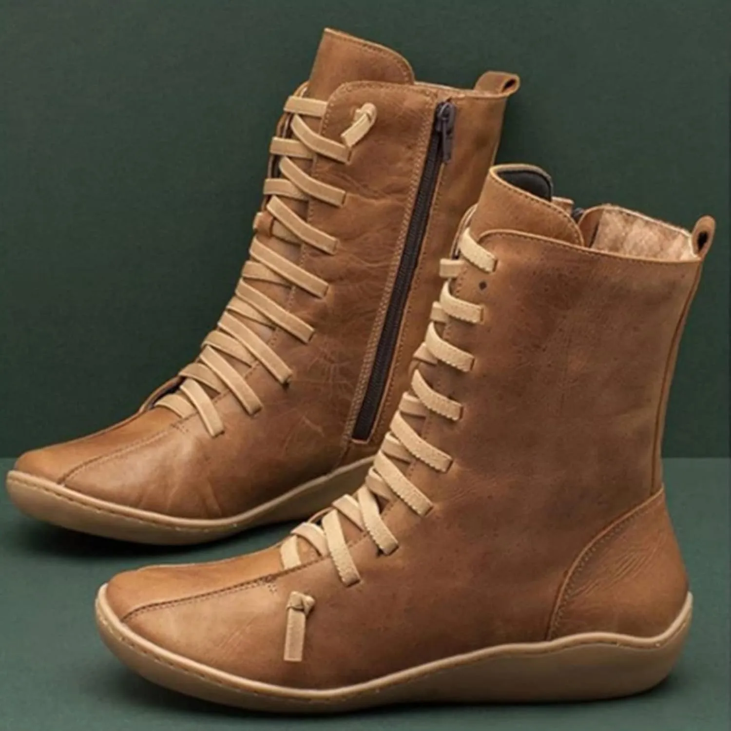 Mid Calf Boots for Women Flat Boots for Women Comfy Round Toe Lace up Flat Bottom Side Zipper Fashion Women Boots