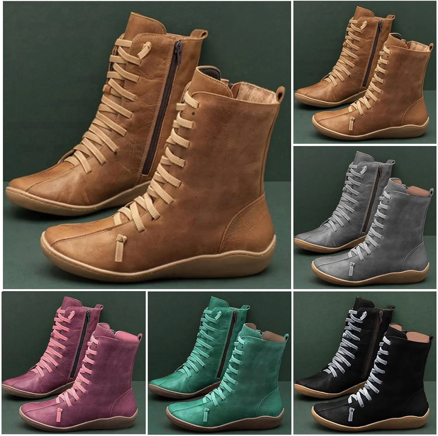 Mid Calf Boots for Women Flat Boots for Women Comfy Round Toe Lace up Flat Bottom Side Zipper Fashion Women Boots
