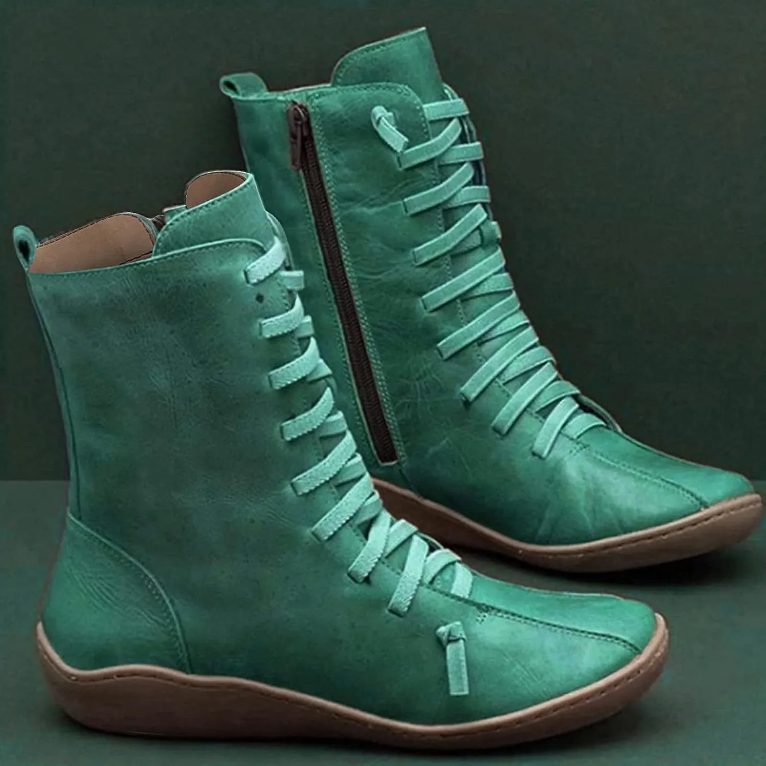 Mid Calf Boots for Women Flat Boots for Women Comfy Round Toe Lace up Flat Bottom Side Zipper Fashion Women Boots