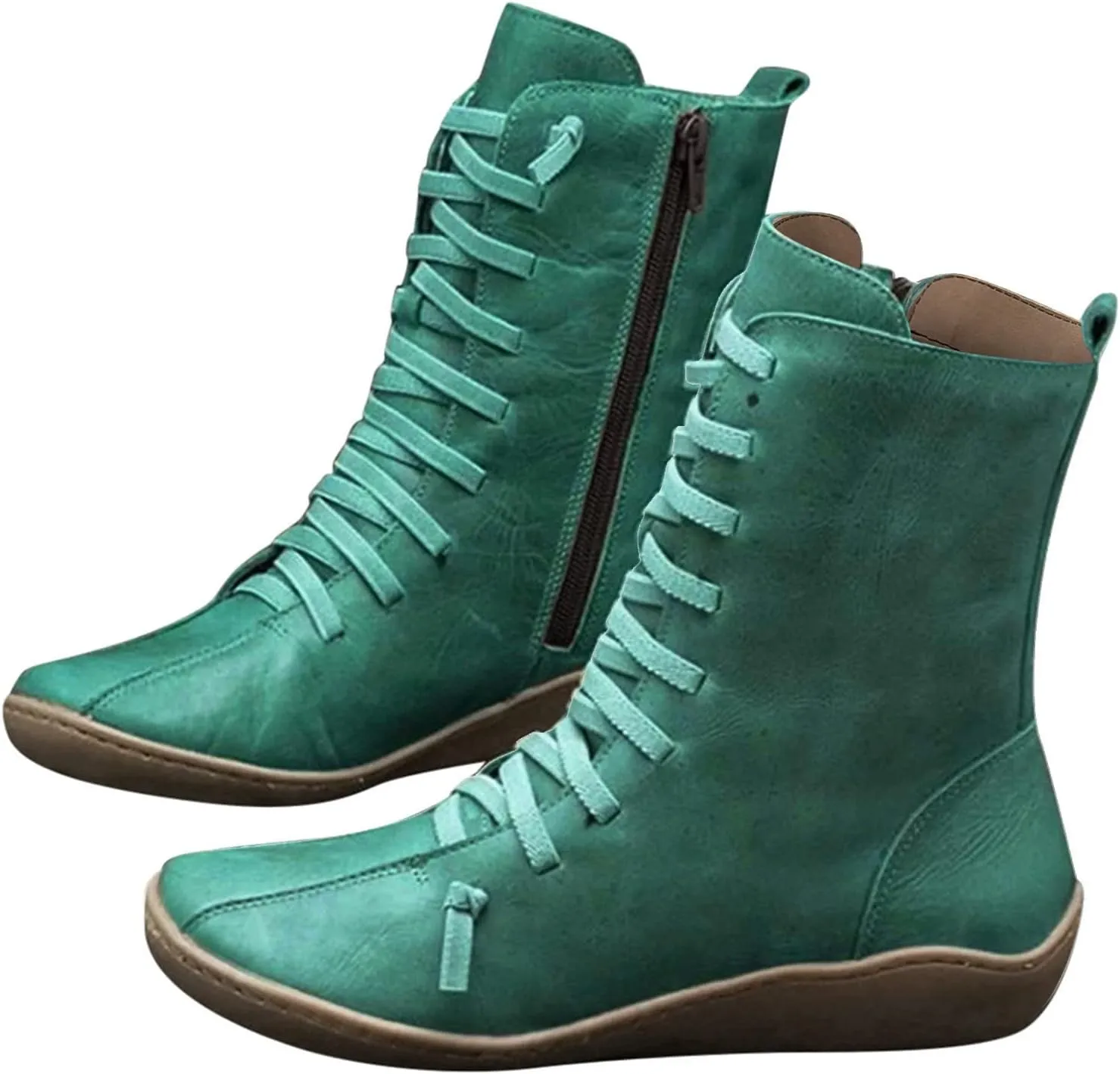 Mid Calf Boots for Women Flat Boots for Women Comfy Round Toe Lace up Flat Bottom Side Zipper Fashion Women Boots