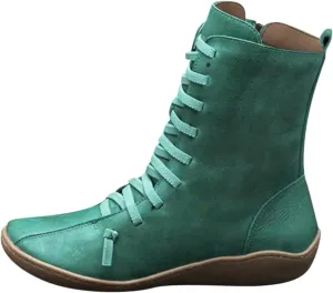 Mid Calf Boots for Women Flat Boots for Women Comfy Round Toe Lace up Flat Bottom Side Zipper Fashion Women Boots