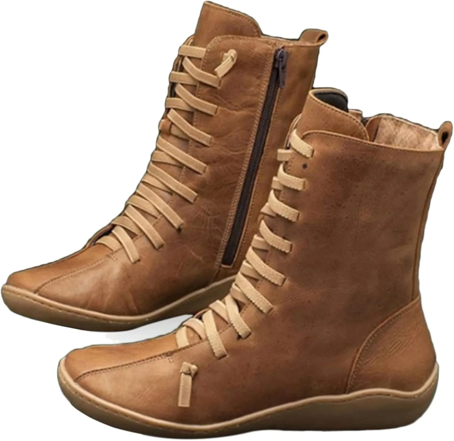 Mid Calf Boots for Women Flat Boots for Women Comfy Round Toe Lace up Flat Bottom Side Zipper Fashion Women Boots