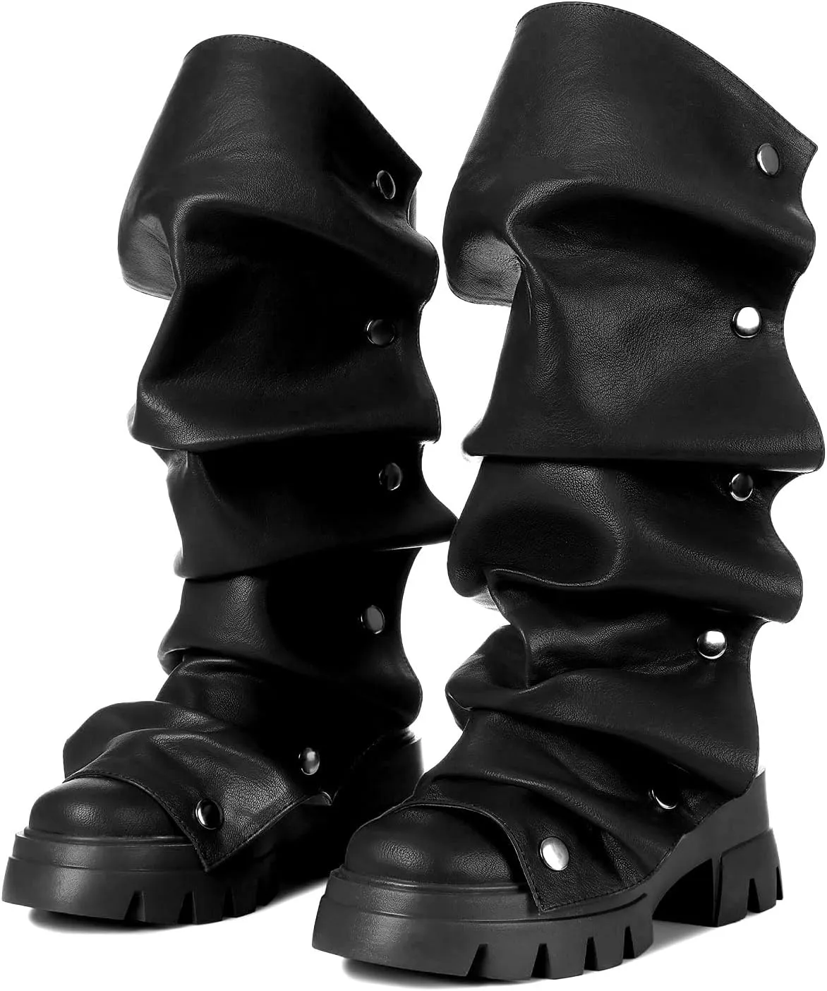 Mid Calf Boots For Women,Fold Over Slouchy Platform Dress Chunky Stacked Round Toe Glitter Metallic Boots