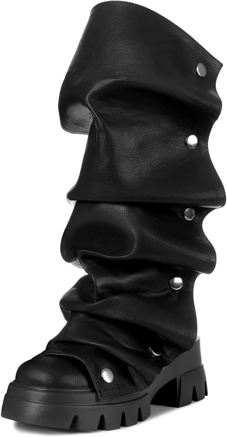 Mid Calf Boots For Women,Fold Over Slouchy Platform Dress Chunky Stacked Round Toe Glitter Metallic Boots