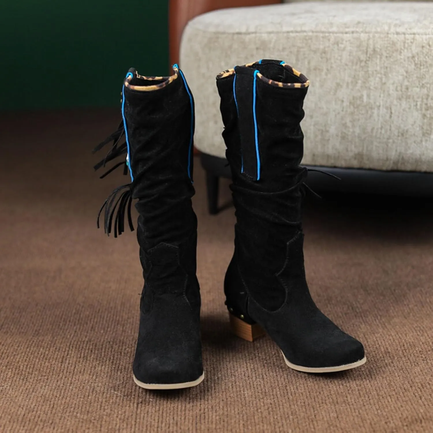 Mid Calf Boots New Women's Knit Boots Breathable Knit Stretch Boots Pointed Toe Square Heel Sleeve Short Boots